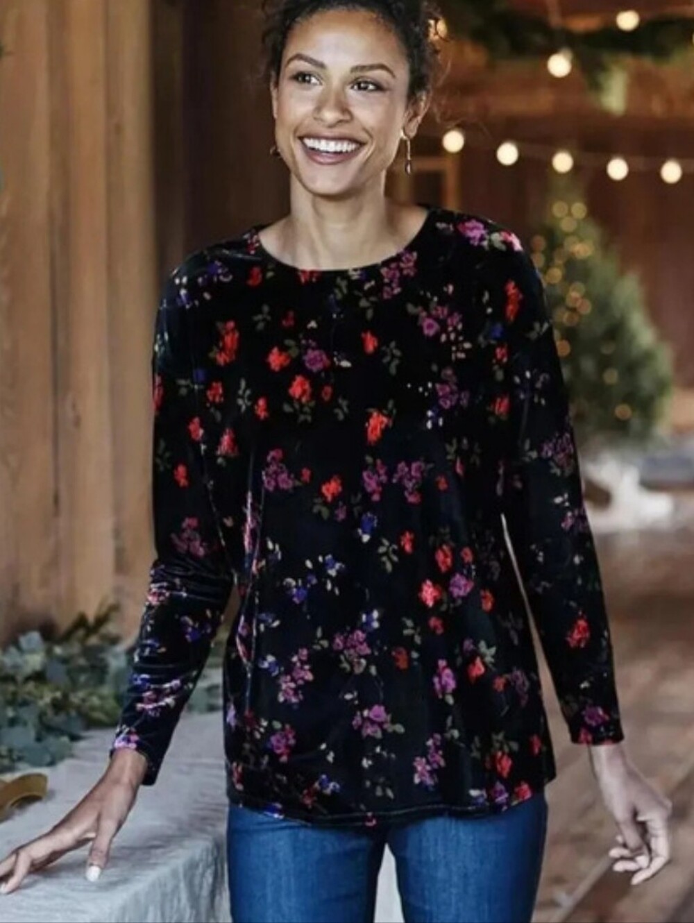 J Jill Velvet Floral Tunic Top Size 2X Black Stretchy Feminine Office Attire